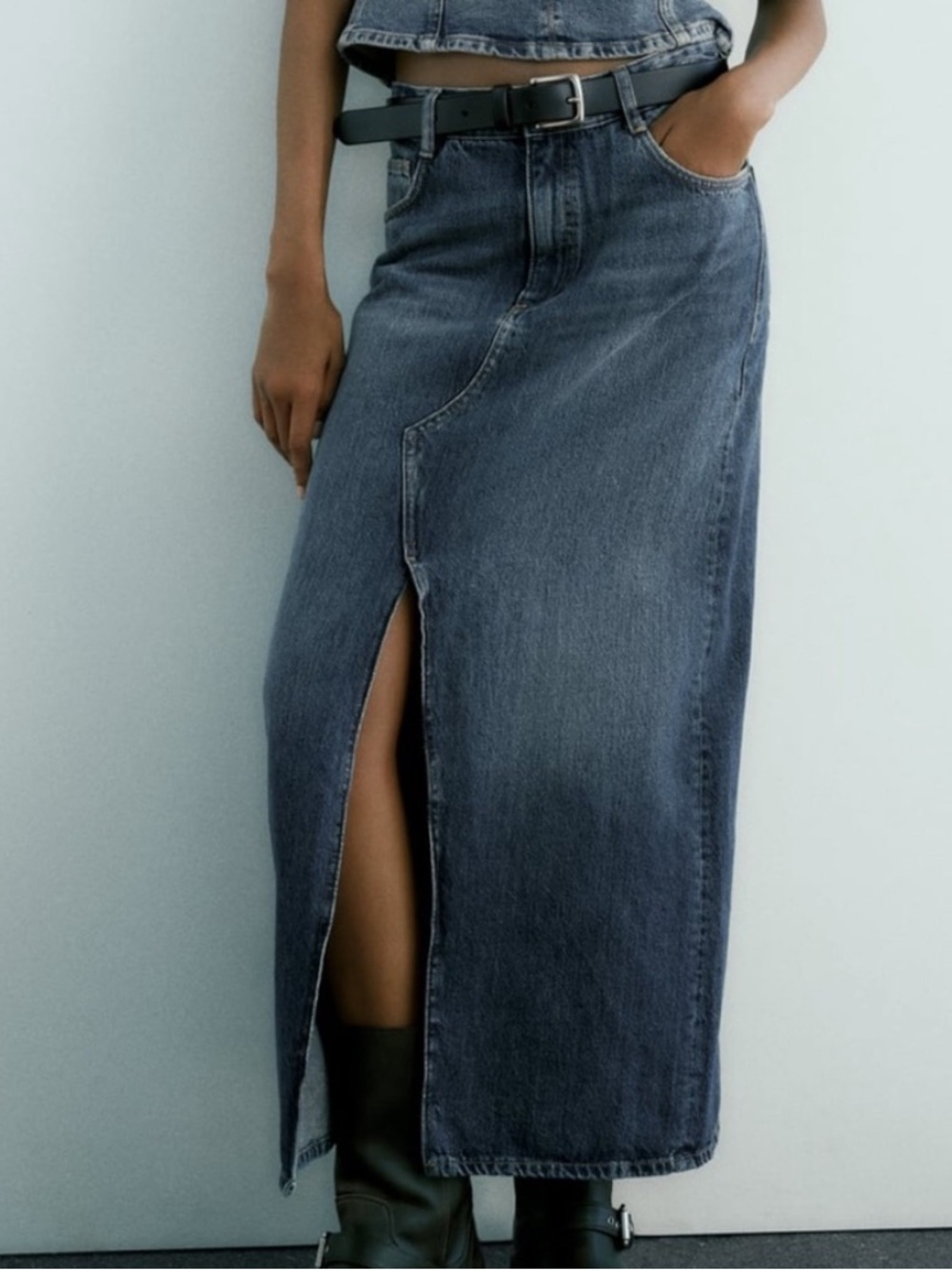 Zara High-Rise light  Blue Denim Maxi Skirt with Front Slit
